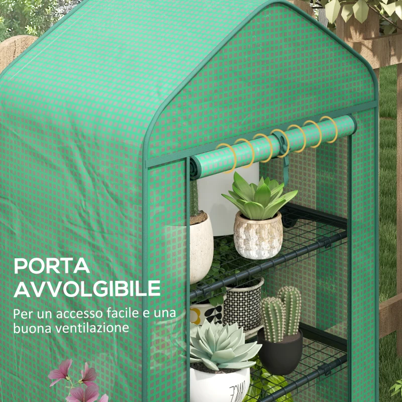 Outsunny Serra per Piante a 4 Ripiani con Porta Avvolgibile, in Metallo e PE, 69x49x158 cm, Verde Scuro