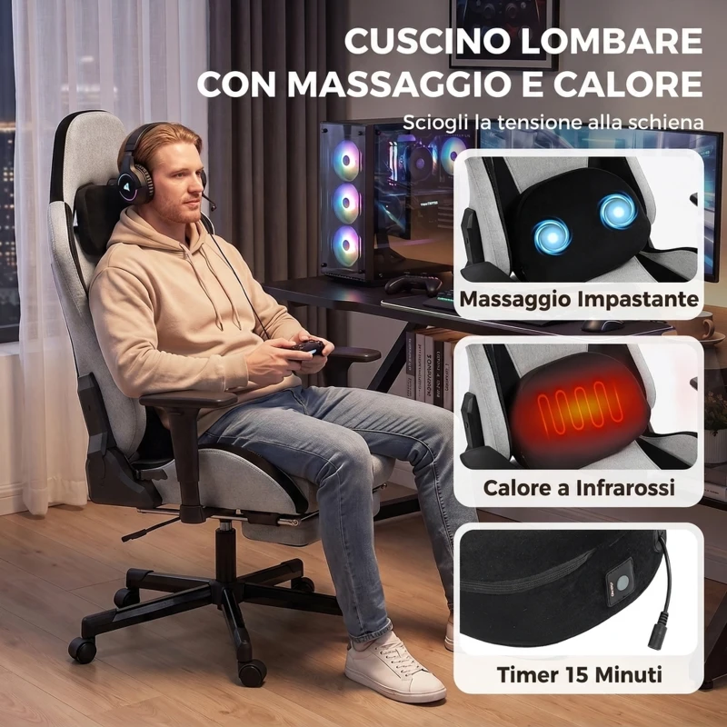 HOMCOM Sedia Gaming Ergonomica Massaggiante con Cuscino Lombare in Tessuto, 70.5x73x127.5-137.5 cm, Grigio