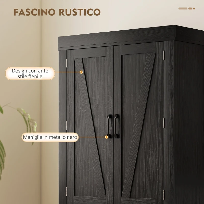 HOMCOM Dispensa Cucina in stile Country con 2 Armadietti, 6 Ripiani e Cassetto, in Legno, 76x39.5x183.5 cm, Nero
