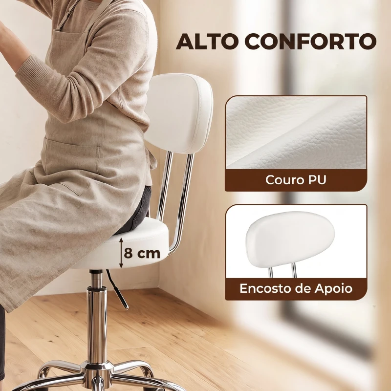 HOMCOM Banco com Rodas Giratório em Pele Sintética com Encosto e Altura Regulável para Spa, Escritório e Tatuagens, Branco