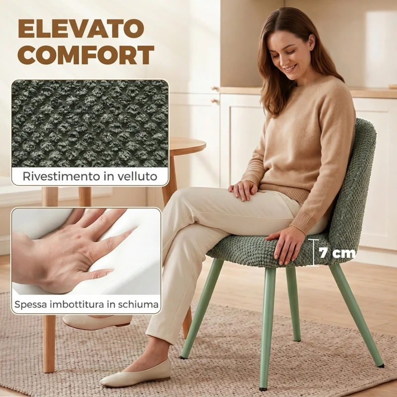 HOMCOM Set 2 Sedie da Pranzo in Velluto con Seduta Imbottita e Gambe in Metallo, Verde Scuro