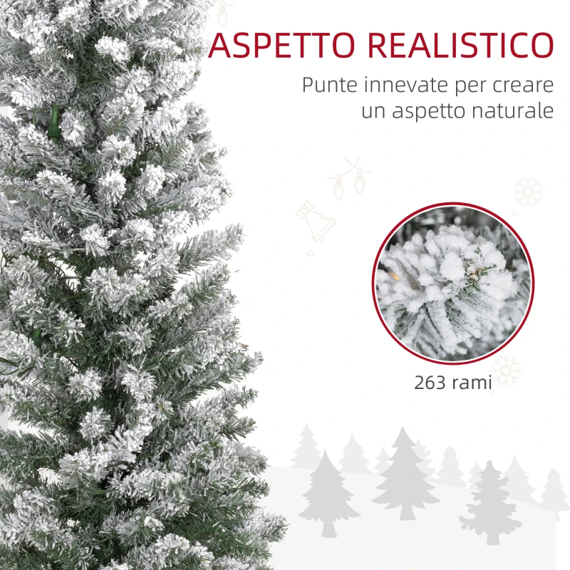 HOMCOM Albero di Natale Innevato con 263 Rami e Luci LED Bianche in Plastica e Metallo, Ø45x150 cm, Verde