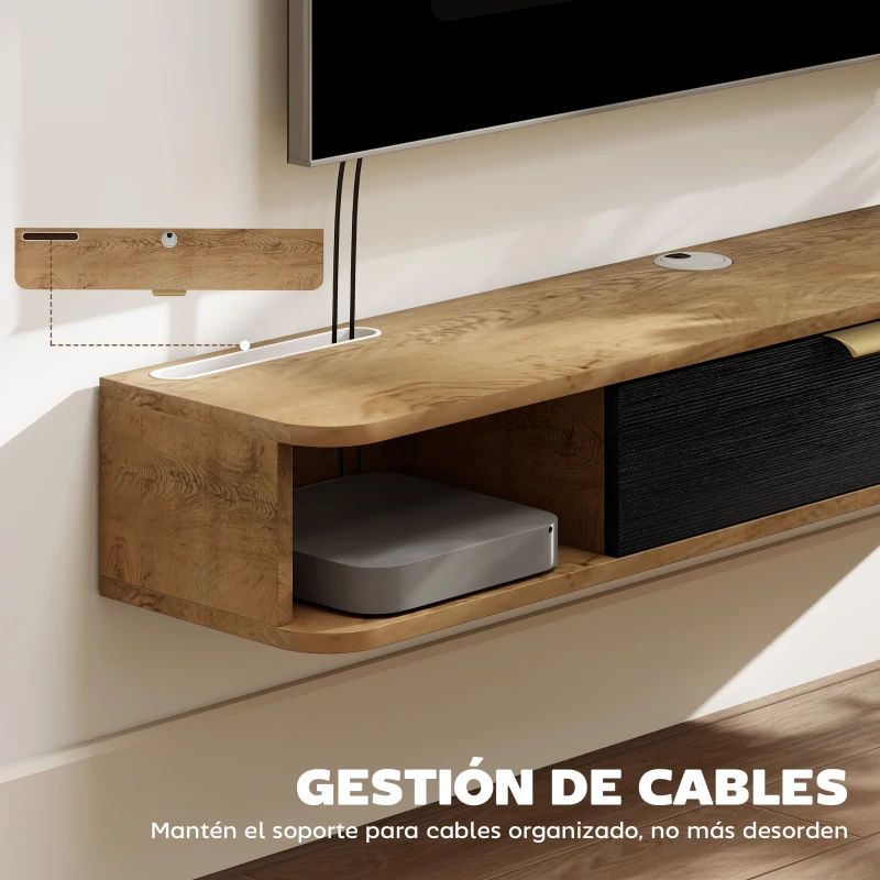 HOMCOM Conjunto de Muebles de Salón Muebles de TV con Estante de Pared Compartimentos Orificios para Cables 120x24x16 cm Roble