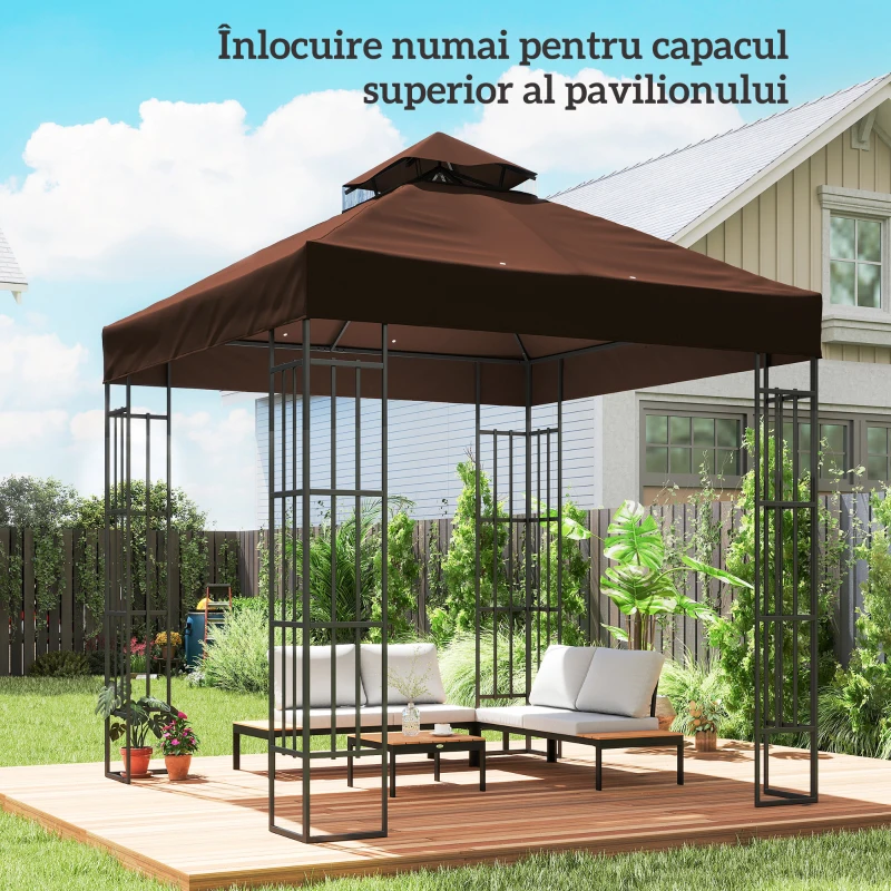 Outsunny Acoperiș de Schimb pentru Foișor 3x3 m cu 2 Niveluri pentru Grădină, Pânză Rezistentă la Apă din Țesătură Oxford 370g/㎡ Anti-UV 30+ cu Orificii de Drenaj, Cafea