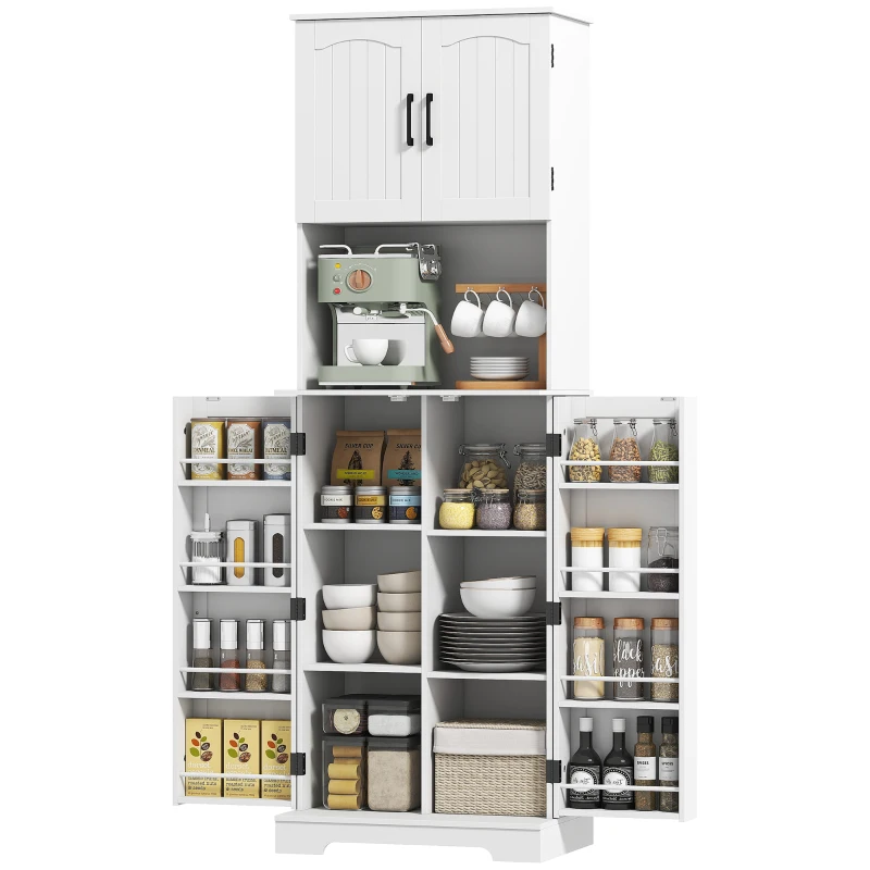 HOMCOM 181.5 cm Freestanding Storage Cabinet, Tall Kitchen Cupboard with Adjustable Shelves, 8 Door Spice Racks, White