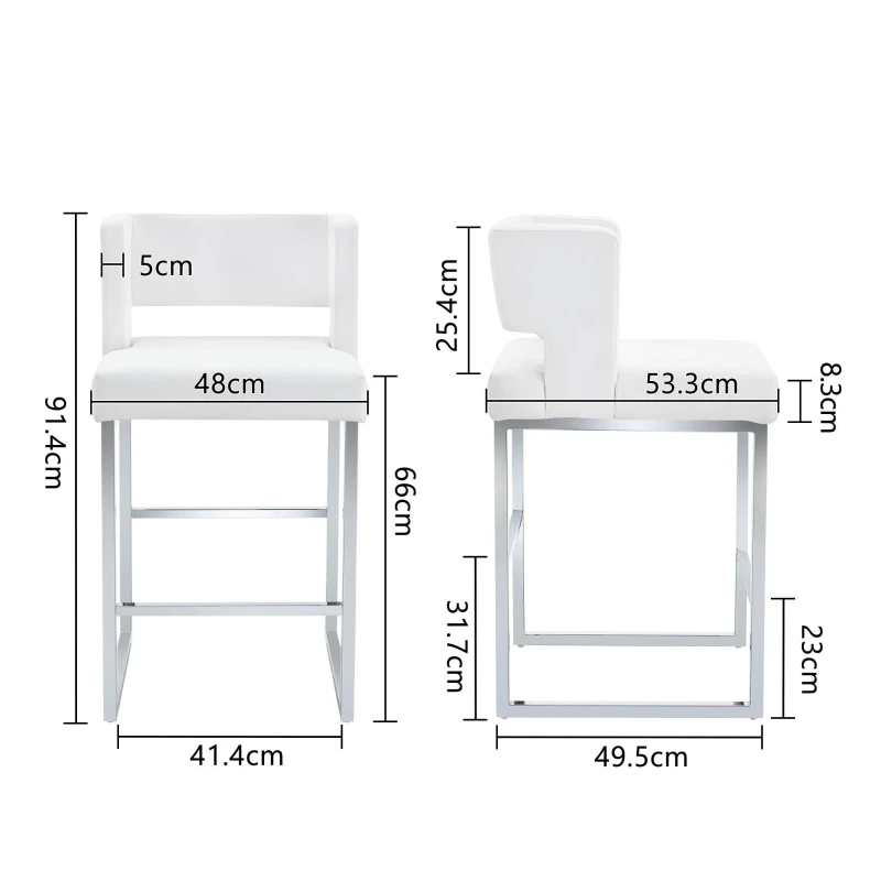 Lot de 2 tabourets de bar style nordique, structure métallique robuste avec pieds argentés, 48x53.3x91.4 cm, Blanc+Argent