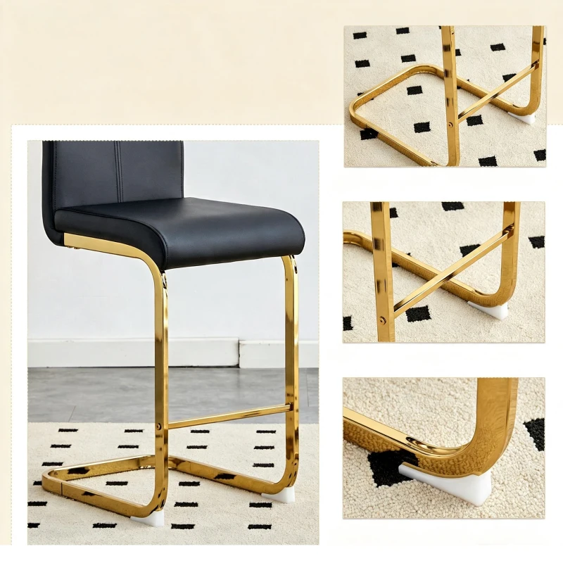 Lot de 2 tabourets de bar style nordique, design épuré et élégant avec piètement métal doré robuste, 39x46.5x96.5 cm, Noir+Doré
