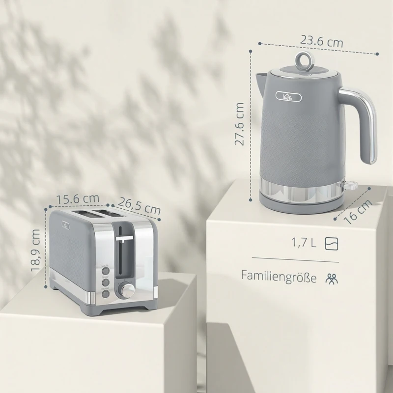 HOMCOM waterkoker- en broodroosterset, 1,7 l, 2200 W snelkook-waterkoker met thermostaat, 2-sneetjes broodrooster, grijs