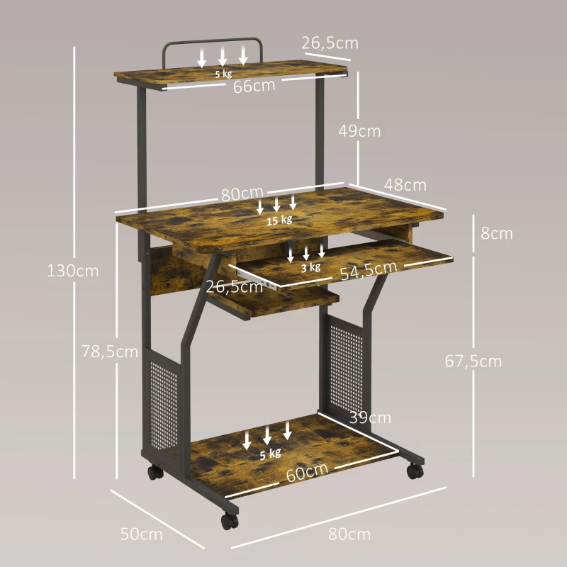 HOMCOM Scrivania per computer su ruote con ripiani e piano tastiera, 80x50x130 cm, marrone