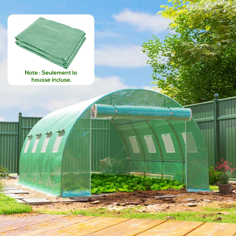 Outsunny Bâche de rechange serre tunnel 12 m² 4 x 3 x 2 m PE anti-UV imperméable 8 fenêtres + porte enroulable zippée vert