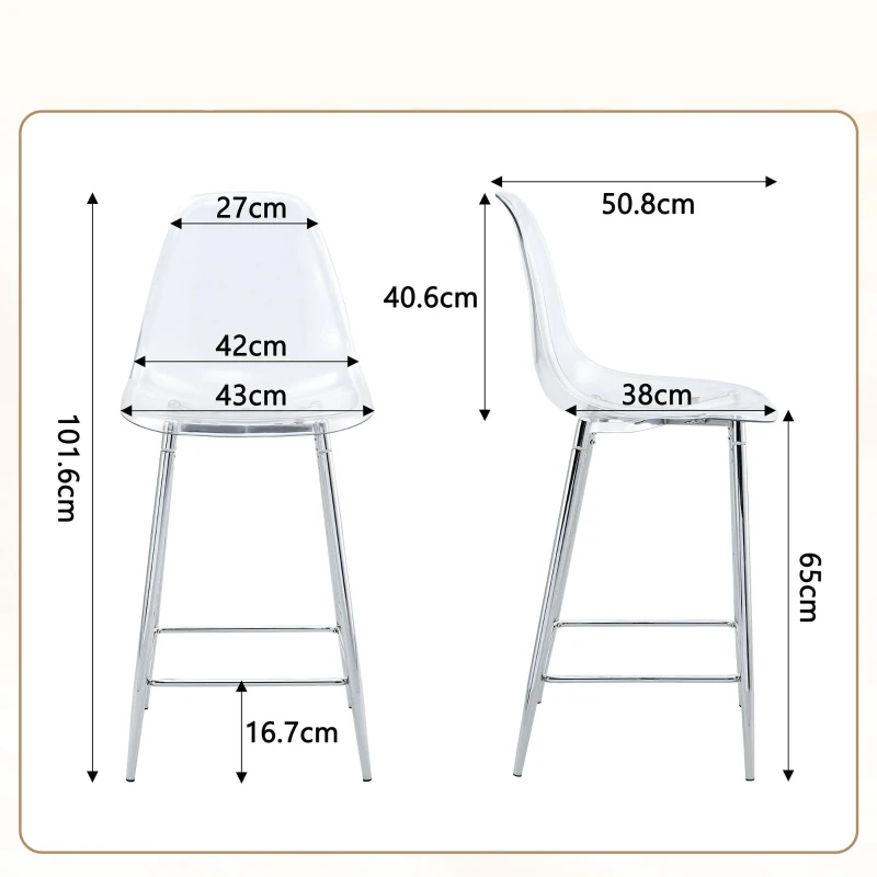 Lot de 2 tabourets de bar transparents, design moderne au look aérien, 51x45x102 cm, Argent
