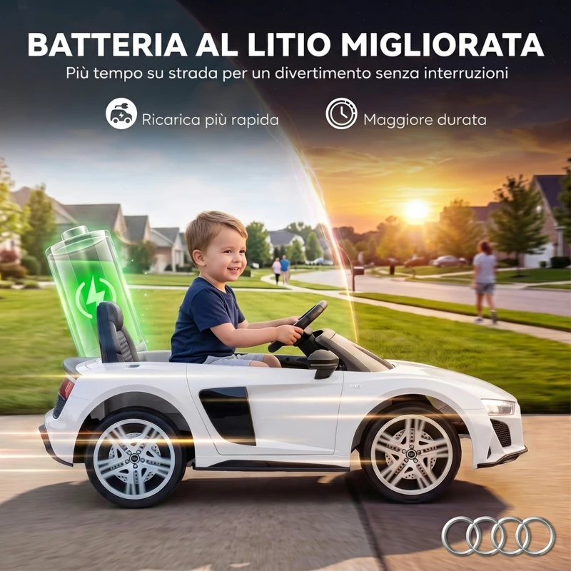 AIYAPLAY Macchina Elettrica per Bambini 3+ Anni 12V Audi R8 Spyder, 3-5 km/h con 2 Motori e Telecomando, Bianco