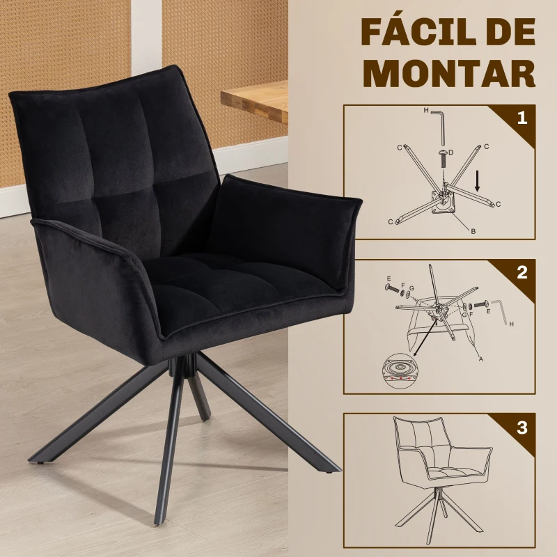 HOMCOM Pack de 2 Sillas de Comedor Giratorias con Reposabrazos Respaldo Acolchado Tapizado en Terciopelo Patas de Acero Negro