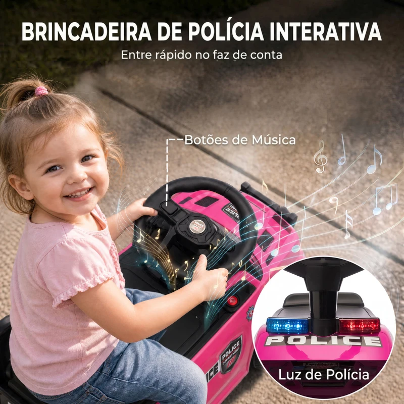 AIYAPLAY Carro Andador de Polícia para Crianças 18-36 Meses com Luz, Música e Arrumação, 65x29,5x36 cm, Rosa