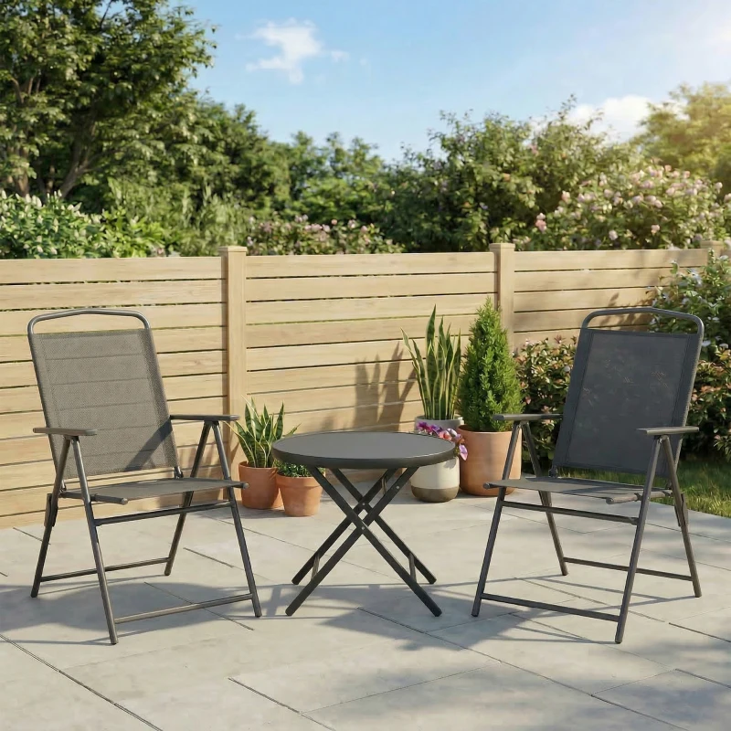 Outsunny Set da Giardino 3 Pezzi con 2 Sedie 53.5x64x93 cm e Tavolino da Caffè Ø45x50 cm, in Metallo, Grigio Scuro