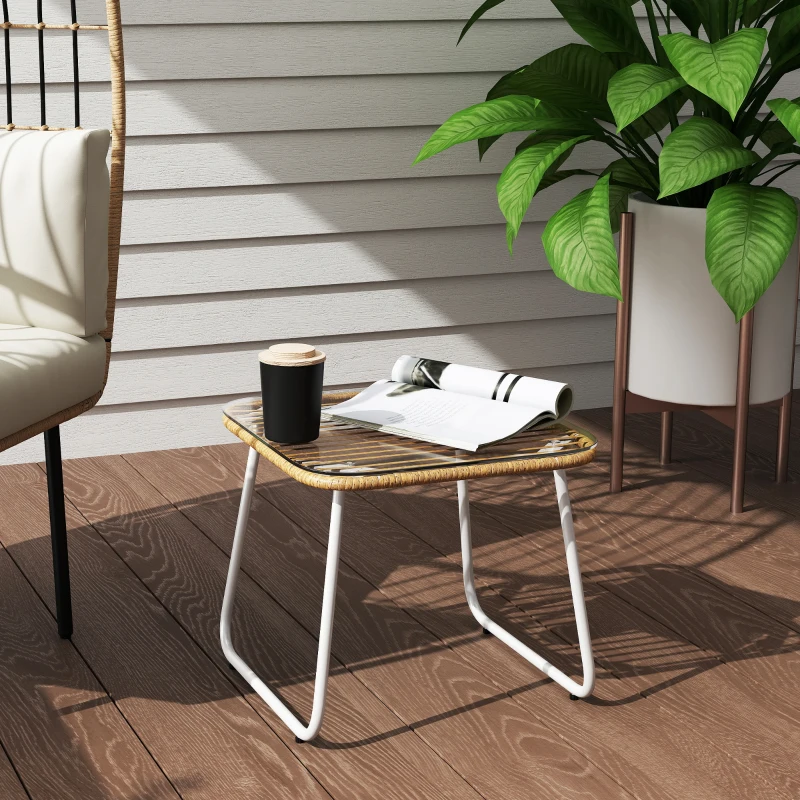 Outsunny Mesa de Jardín de Ratán Sintético con Encimera de Vidrio Templado y Patas Ajustables para Exterior 50x50x44 cm Natural