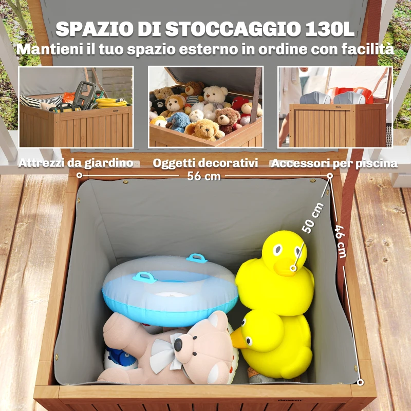 Outsunny Cassapanca da Esterno 130L con Coperchio Cerniere e Cinghia, in Legno, 63x51x58.5 cm, Marrone