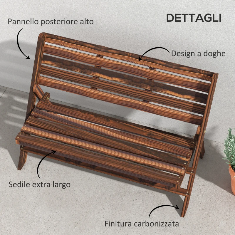 Outsunny Panchina da Giardino 2 Posti Pieghevole a Doghe in Legno di Pino, 122x63x83 cm, Carbonizzato