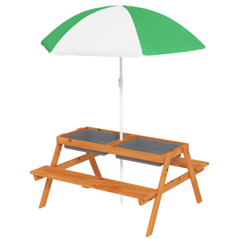 Outsunny Kids Picnic Table with Benches, Wooden Sand and Water Table, Adjustable Parasol, Storage Bins, for Kids 3-6 Years, Brown
