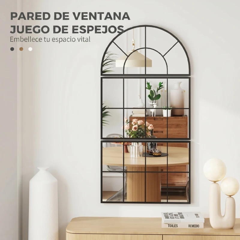 HOMCOM Espejo de Pared 76x149 cm 3 Piezas Espejo de Recibidor con Marco de Metal en Forma de Ventana para Salón Negro