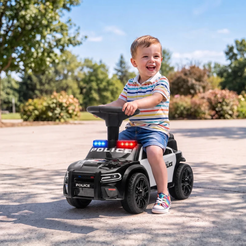 AIYAPLAY Coche Correpasillos de Policía para Niños de 18-36 Meses con Luz Música y Espacio de Almacenaje 65x29,5x36 cm Negro