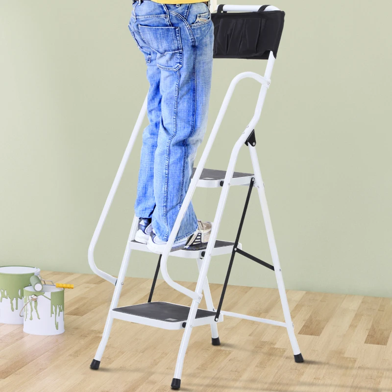 HOMCOM Escabeau pliable 3 marches XL antidérapantes double garde corps hauteur max. 1,31 m charge max. 150 Kg pochette outils intégrée acier blanc noir