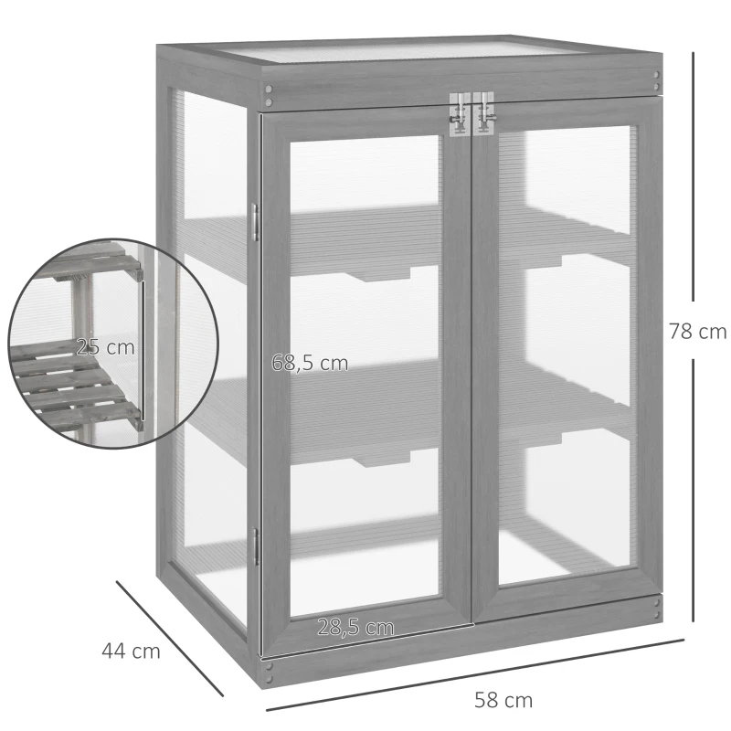 Outsunny Mini Serre de Jardin 3 Niveaux dim. 58L x 44l x 78H cm Vitrages Transparents en Polycarbonate Double Porte Toit ouvrant pour Jardin Balcon et Porche Bois Sapin lasuré