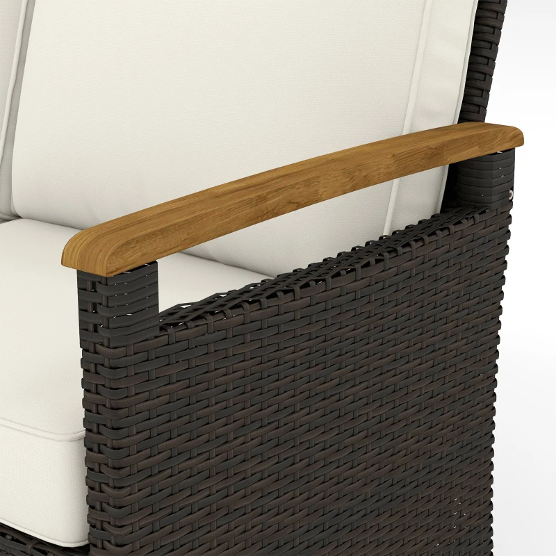 Outsunny 3 Seater Rattan Garden Sofa, PE Wicker Outdoor Sofa Wide Deep Seat, 4" Cushions, Wood-Effect Armrests Legs, Brown