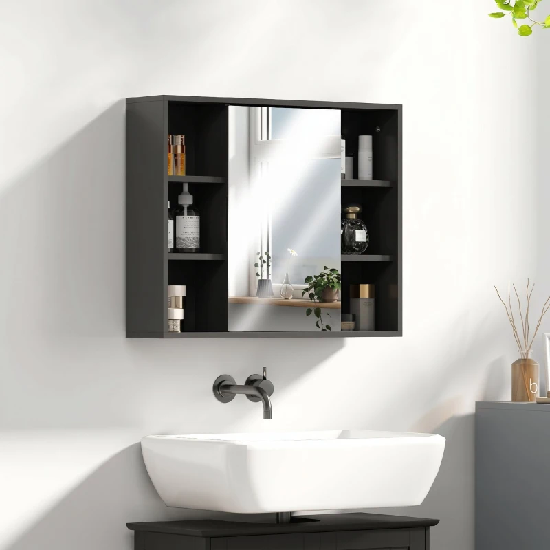 HOMCOM Armadietto con Specchio in MDF e Truciolato con 3 Ripiani Laterali e Ripiano Regolabile Interno, 60x14.5x49.4 cm