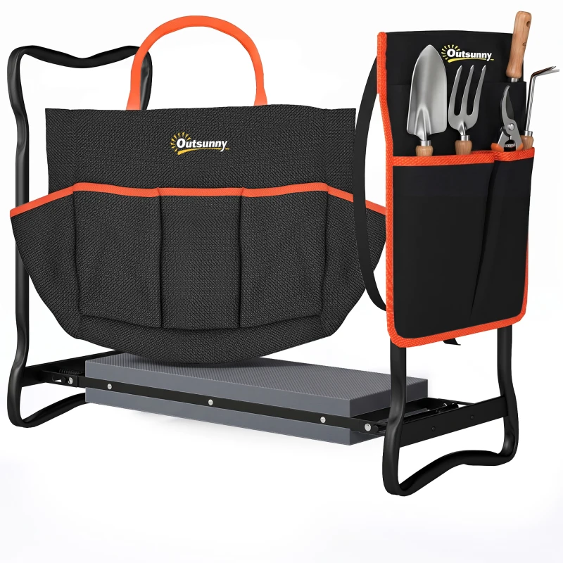 Outsunny Taburete de Jardín Plegable con Almohadilla de EVA Asiento de Jardín con Bolsa para Herramientas en Cintura Carga 150kg