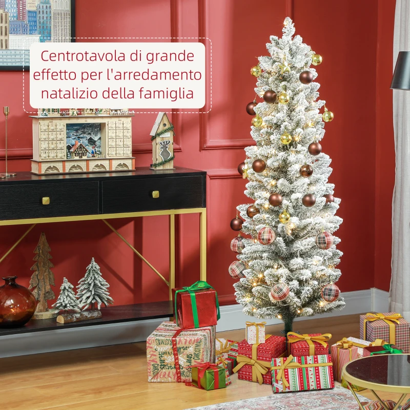 HOMCOM Albero di Natale Innevato con 263 Rami e Luci LED Bianche in Plastica e Metallo, Ø45x150 cm, Verde