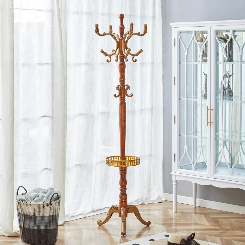 Porte-manteau européen en bois massif, design sculpté et élégant, plusieurs crochets à hauteurs variées, 48x48x195 cm, Couleur naturelle