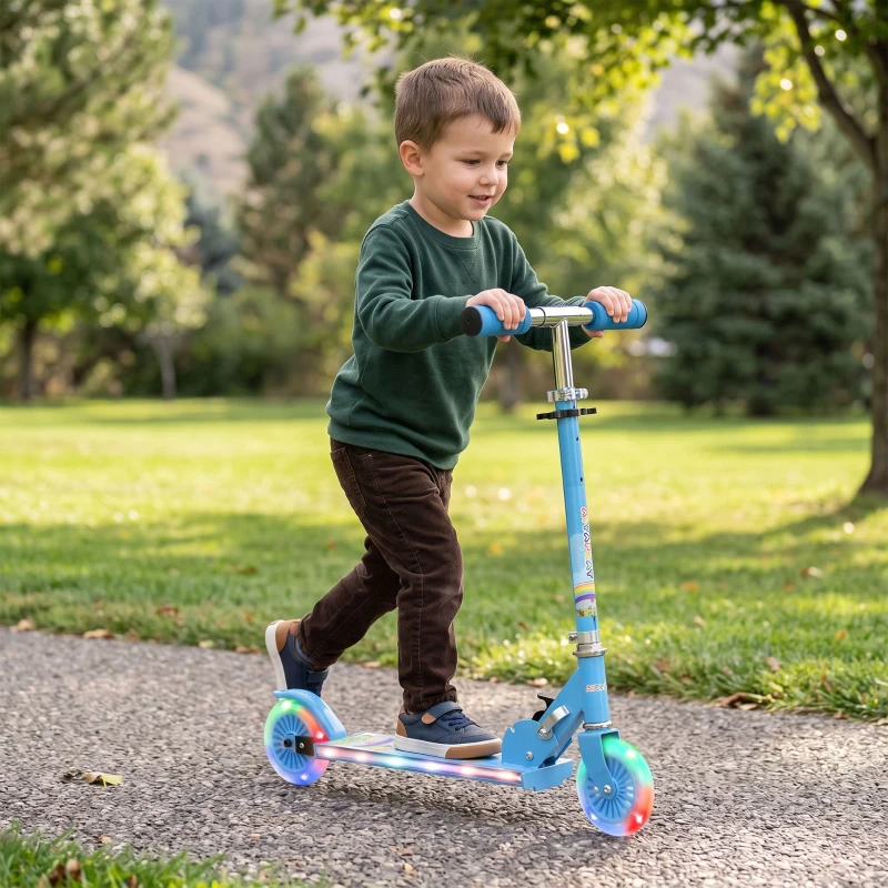 HOMCOM Roller Kinder Scooter mit LED Rädern 124 mm Rollen klappbarer Höhenverstellbar mit Musik Hinterradbremse Blau