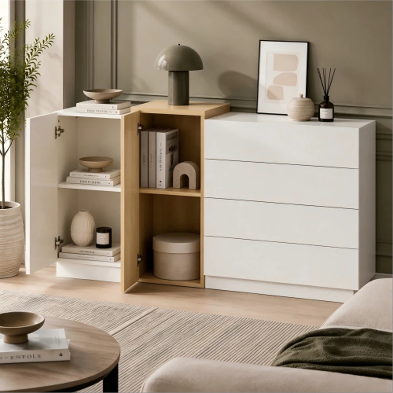 High-Gloss Sideboard with 4 Drawers and 2 Doors, Stylish Storage Cabinet with Anti-Tilt Safety Rails, 140L x 35W x 76.5H cm, White