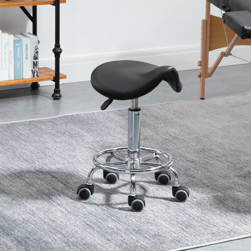 HOMCOM Sgabello Regolabile in Altezza con 5 Ruote e Seduta Ergonomica Imbottita in Gommapiuma, 36.2x37.5x51-66 cm, Nero