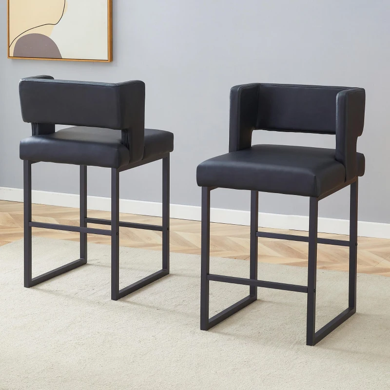 Lot de 2 tabourets de bar style nordique, structure métallique robuste avec pieds argentés, 48x53.3x91.4 cm, Noir