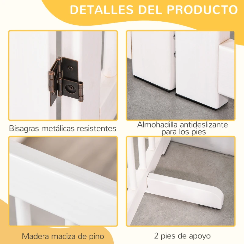 PawHut Barrera de Seguridad para Perros Plegable de Madera para Escaleras y Puertas con Soporte de Pie 204x36x75 cm Blanco