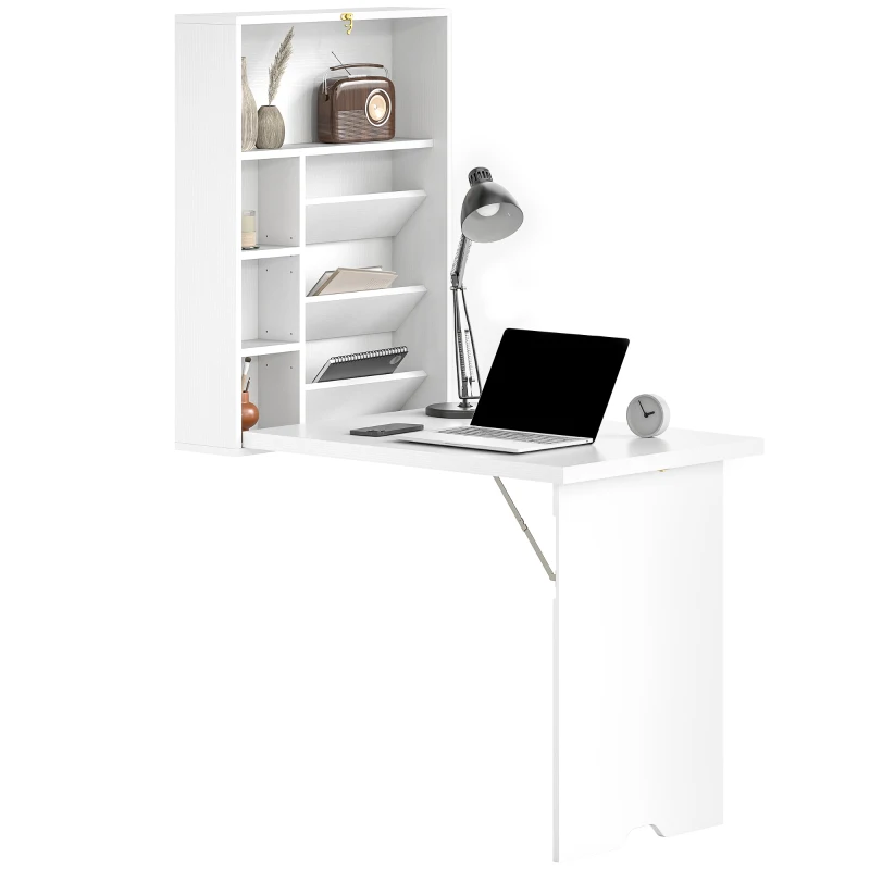 HOMCOM Bureau pliable mural, table murale pliante avec étagères pour salon, salle à manger, bureau, 93,8 x 60 x 147 cm, blanc