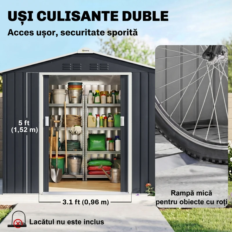 Căsuță din Metal 2,77 m² Outsunny 213 x 130 x 185 cm cu Fundație, Uși Glisante Gri Închis