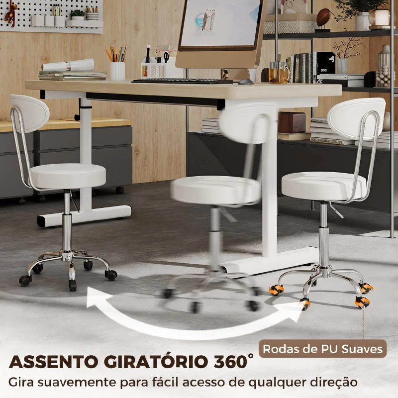 HOMCOM Banco com Rodas Giratório em Pele Sintética com Encosto e Altura Regulável para Spa, Escritório e Tatuagens, Branco