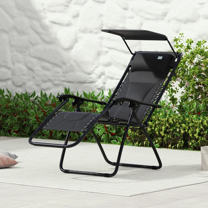 Outsunny Zero Gravity Lounger Chair, Folding Reclining Patio Chair with Shade Cover, Padded Seat, Cup Holder, Soft Cushion and Headrest for Poolside, Camping, Black