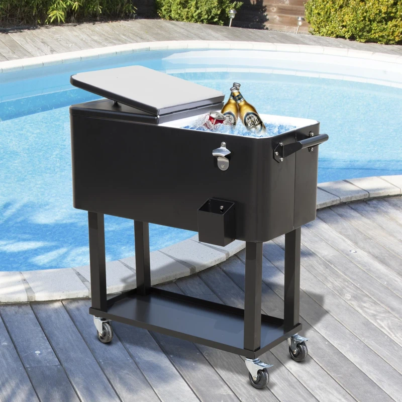 Outsunny Enfriador de Bebidas de Acero con Ruedas Abridor de Botellas y Drenaje para Exterior Patio y Jardín 75,7 L Negro