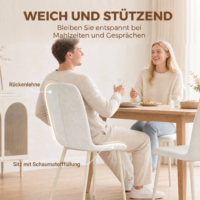 HOMCOM Eetkamerstoelen set van 2, gevoerde keukenstoelen in linnenlook met lichte poten, crème
