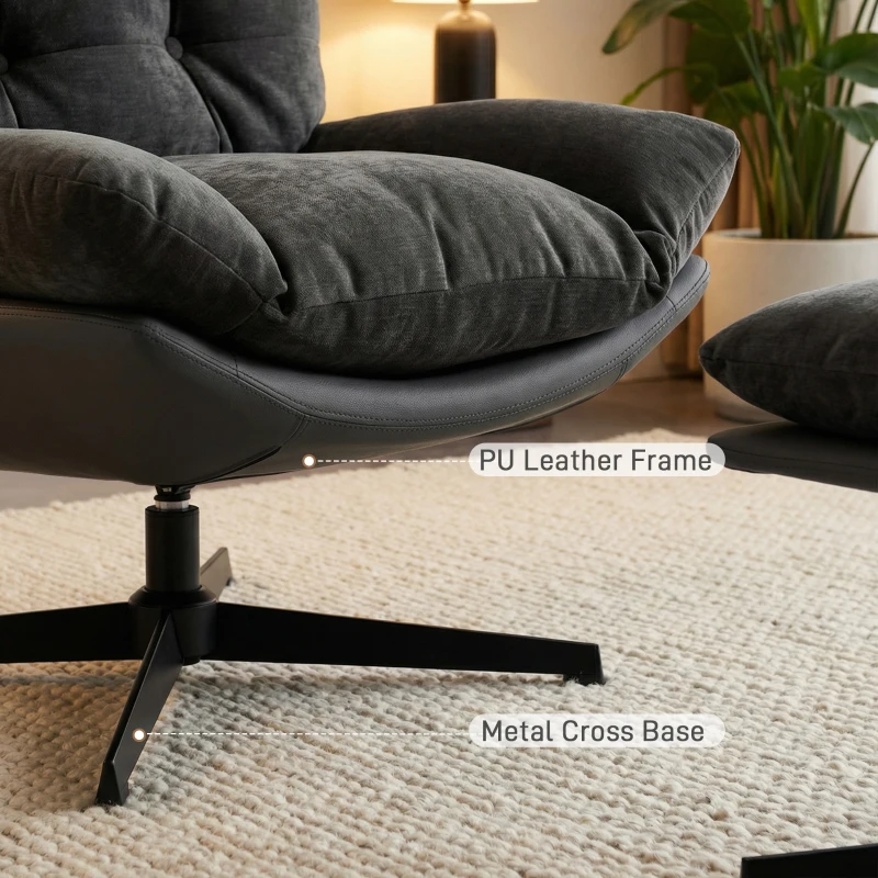 HOMCOM Accent Chair with Footstool, Swivel Lounge Chair with Chenille Upholstery, Metal Base, Dark Grey
