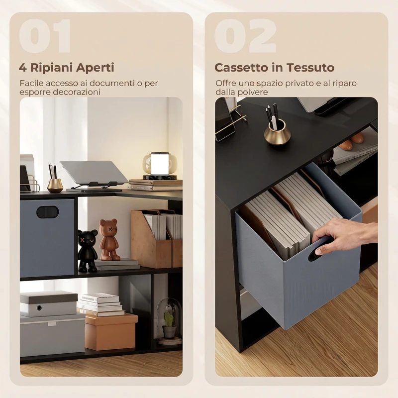 HOMCOM Scrivania Angolare Moderna con Scaffale e Cassetto in Tessuto, 110x100x75 cm, Nero