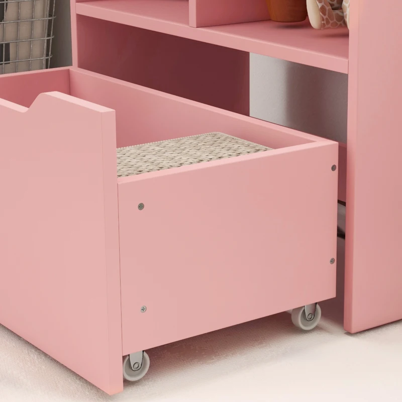 HOMCOM Kids Bookshelf, Toy Organiser, with Storage Drawer, Wheels - Pink