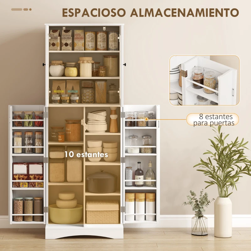 HOMCOM Armario Despensa Cocina con 4 Puertas con 8 Compartimentos 10 Estantes Alacena Moderna con 4 Estantes Ajustables Blanco
