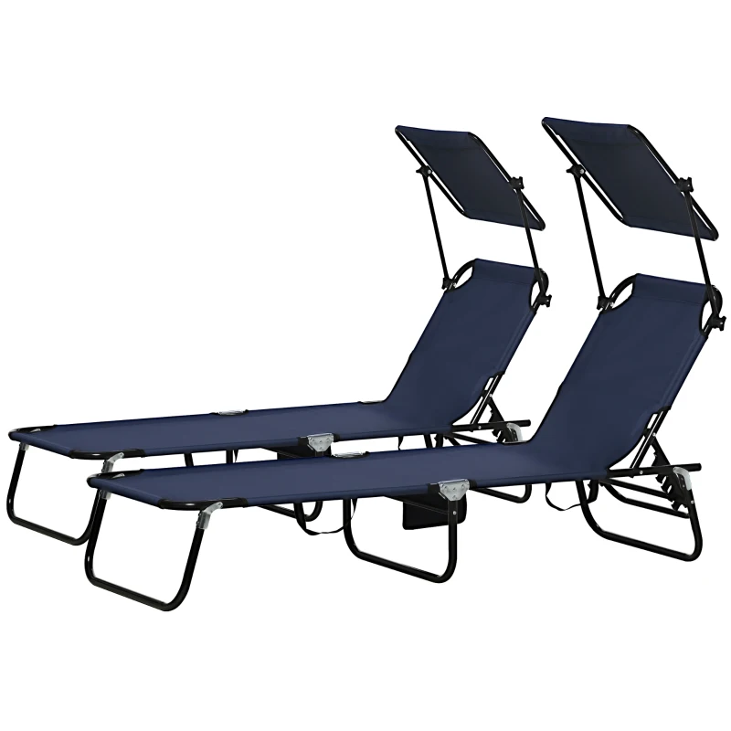 Outsunny Set of Two Folding Sun Loungers, with Adjustable Backs and Sun Canopies - Dark Blue