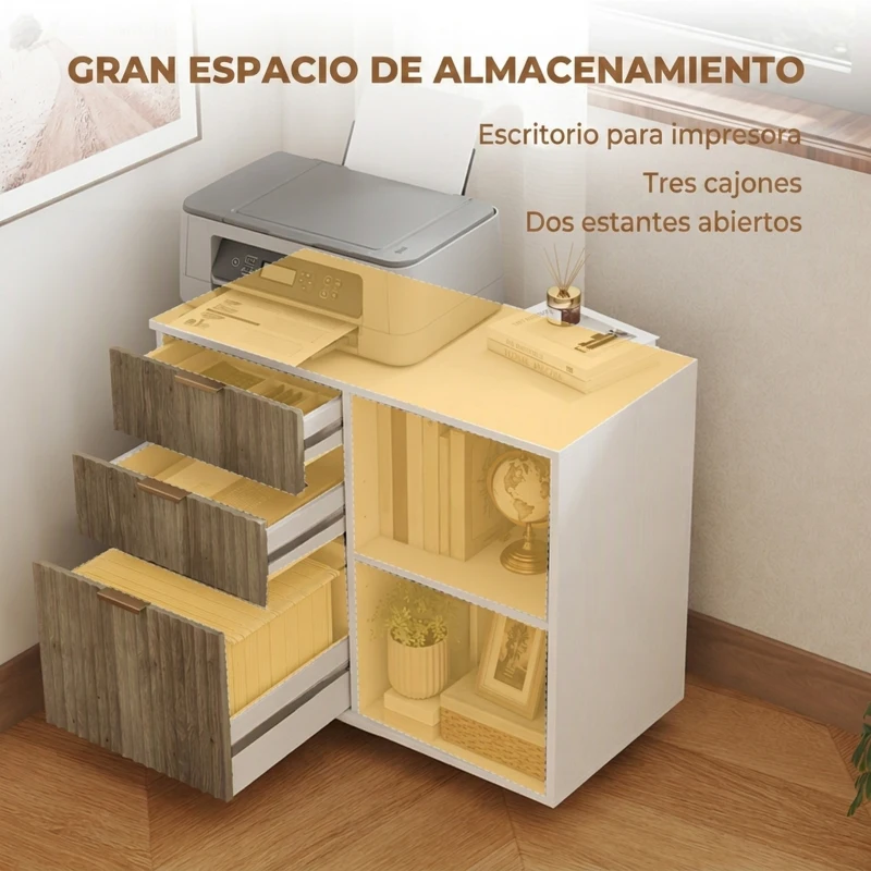 HOMCOM Mueble para Impresora con Ruedas 3 Cajones Barra Ajustable 2 Estantes Abiertos para Documentos Tamaño A4 Blanco y Roble