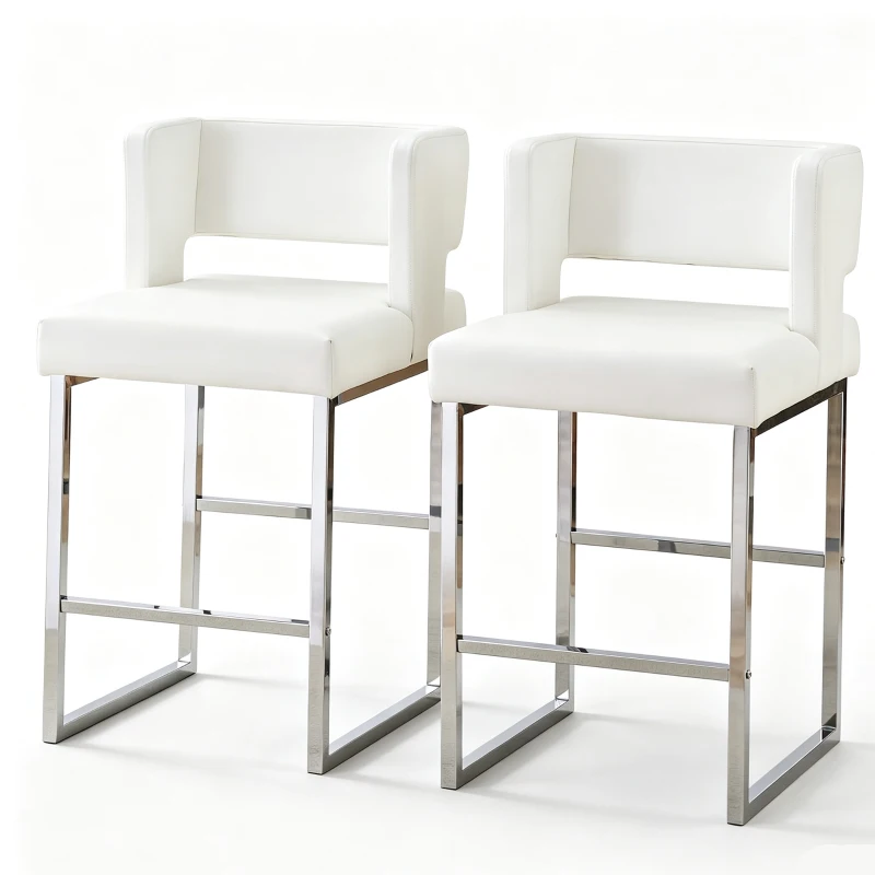 Lot de 2 tabourets de bar style nordique, structure métallique robuste avec pieds argentés, 48x53.3x91.4 cm, Blanc+Argent